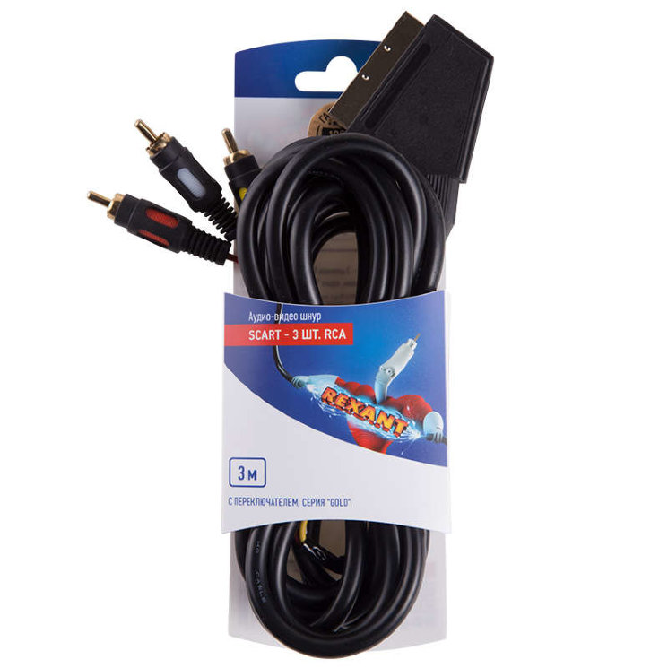 Шнур SCART - 3RCA с переключателем 3м (GOLD) блист. Rexant 06-3071