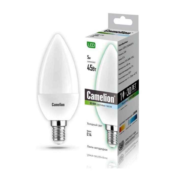 Лампа светодиодная LED5-C35/845/E14 5Вт свеча 4500К бел. E14 405лм 220-240В Camelion 12032