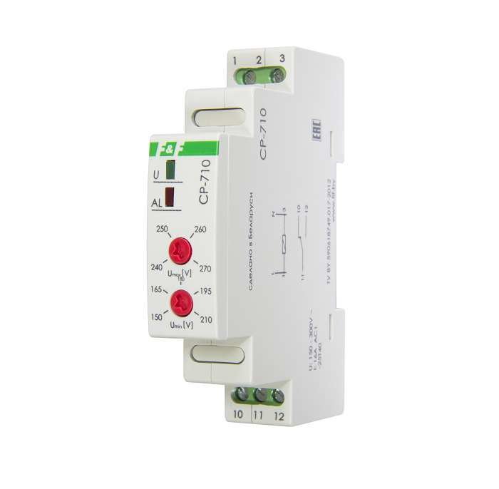 Реле напряжения CP-710 (однофазный; контроль верхнего и нижнего значений напряжения; монтаж на DIN-рейке 35мм; 230В 16А 1P IP20) F&F EA04.009.001