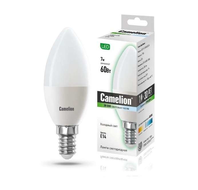 Лампа светодиодная LED7-C35/845/E14 7Вт свеча 4500К белый E14 560лм 220-240В Camelion 12074