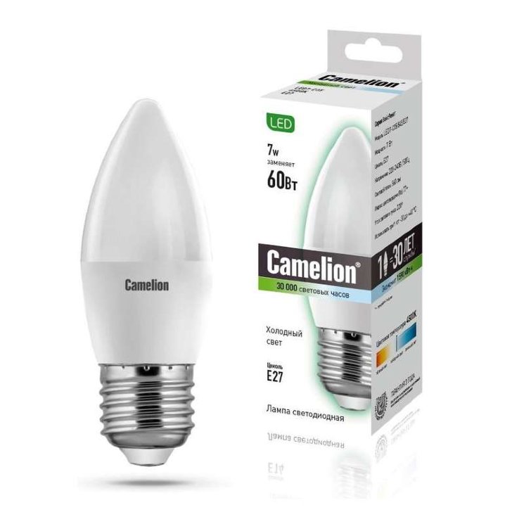 Лампа светодиодная LED7-C35/845/E27 7Вт свеча 4500К бел. E27 560лм 220В Camelion 12078