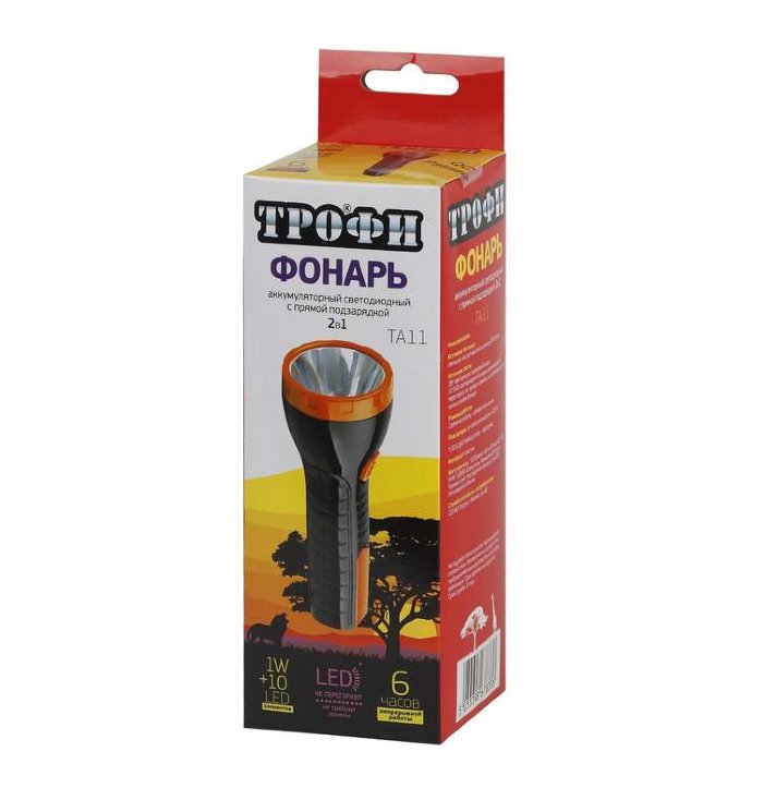 Фонарь TA11 аккум. 4В 1А.ч 2в1 18хLED 1Вт + 10SMD евро-вилка Трофи Б0010038