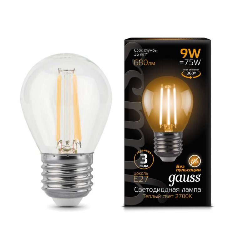 Лампа светодиодная филаментная Black Filament 9Вт P45 шар 2700К тепл. бел. E27 680лм GAUSS 105802109