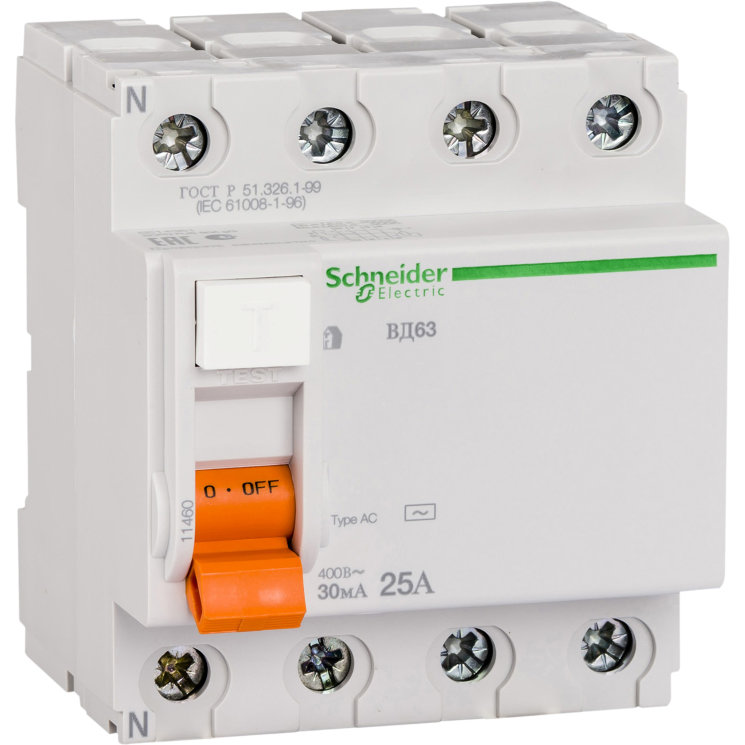 Выключатель дифференциального тока (УЗО) 4п 25А 30мА тип AC ВД63 Домовой SchE 11460