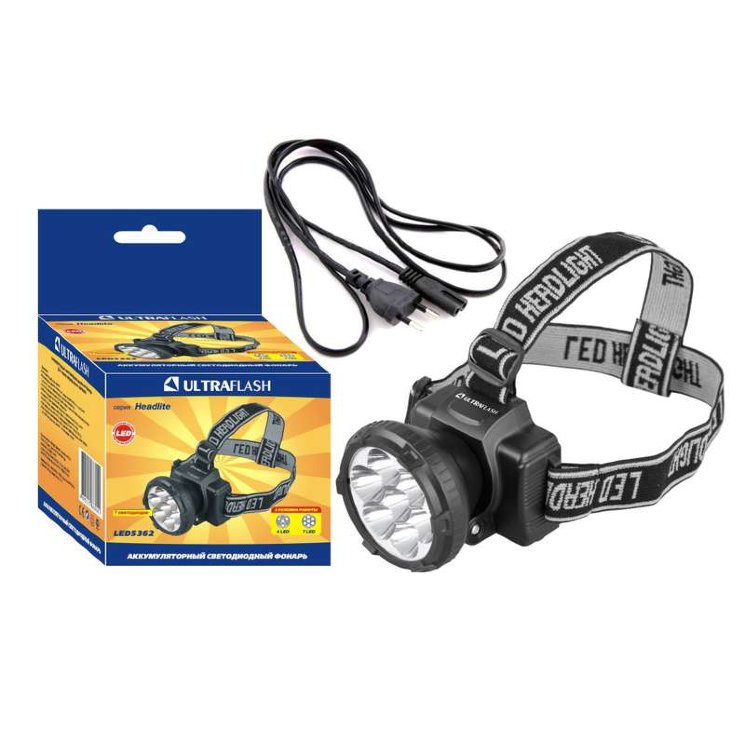 Фонарь аккумуляторный налобный LED5362 7LED 2 режима 220В пластик. черн. (бокс) Ultraflash 11256