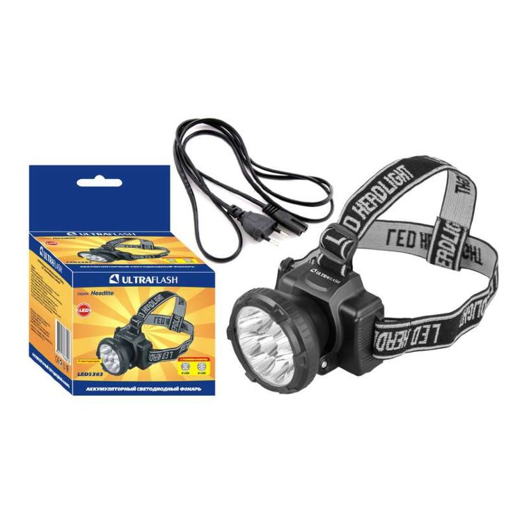 Фонарь аккумуляторный налобный LED5363 9LED 2 режима 220В пластик. черн. (бокс) Ultraflash 11257