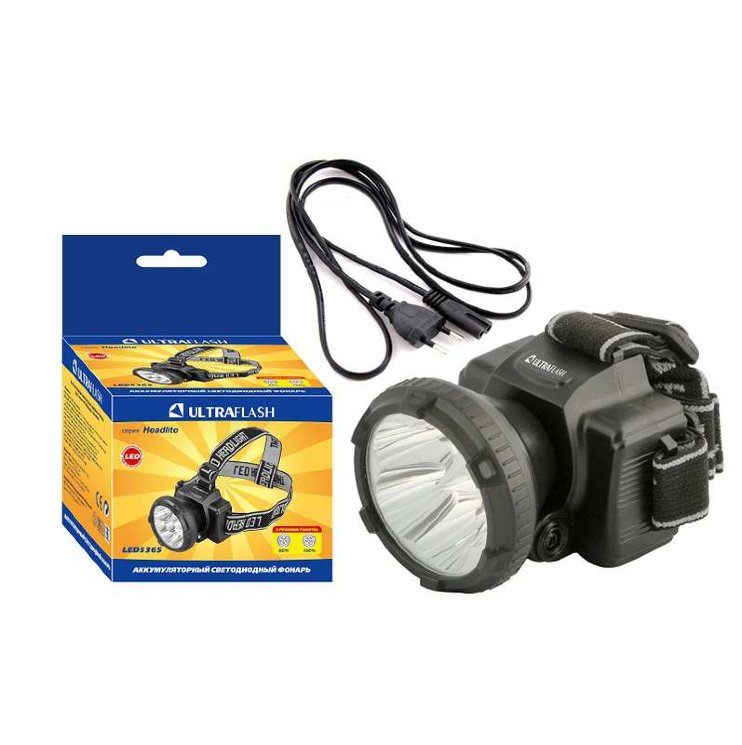 Фонарь аккумуляторный налобный LED5365 5LED 2 режима 220В пластик. черн. (бокс) Ultraflash 11648