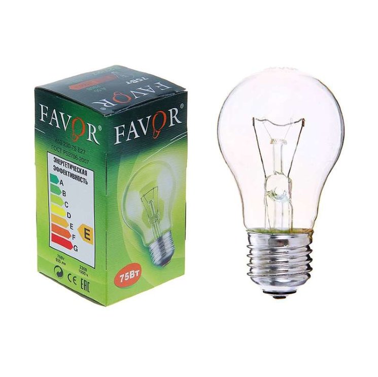 Лампа накаливания А50 230-75 75Вт E27 230В (100) Favor 8101403