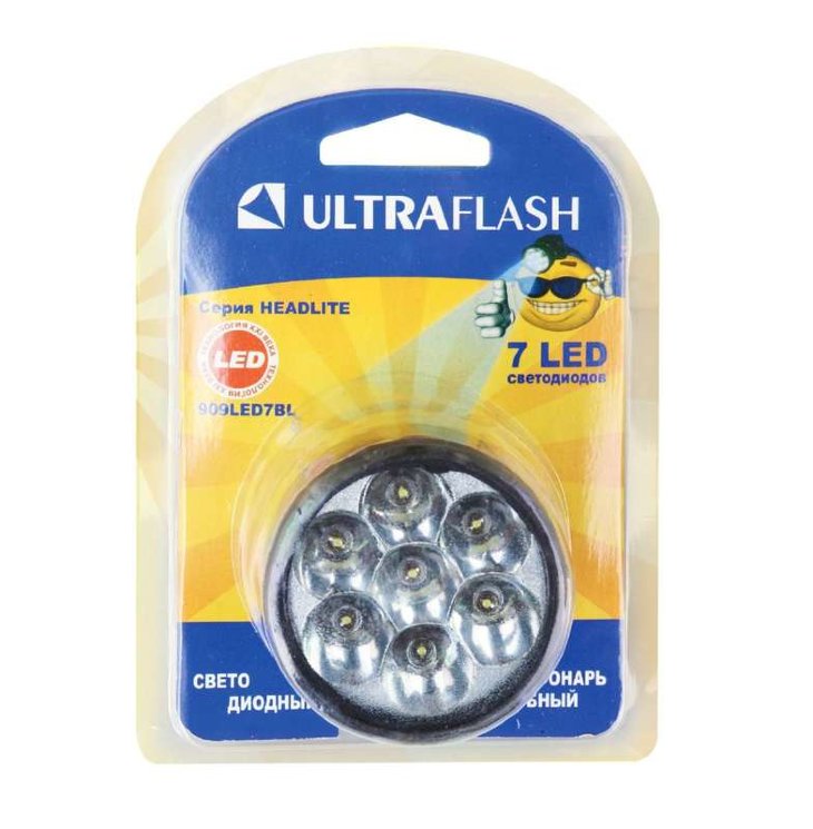 Фонарь налобный 909LED7BL (7LED 1 режим 3хR6 блистер; черн.) Ultraflash 12096