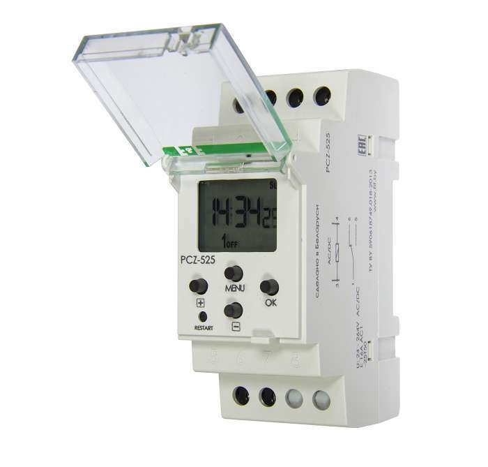 Реле времени астрономическое PCZ-525 24-264В AC/DC 16А 1 переключ. контакт IP20 1 канал монтаж на DIN-рейке F&F EA02.002.005