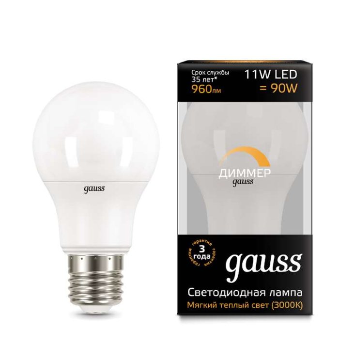 Лампа светодиодная Black 11Вт A60 3000К тепл. бел. E27 960лм диммир. GAUSS 102502111-D