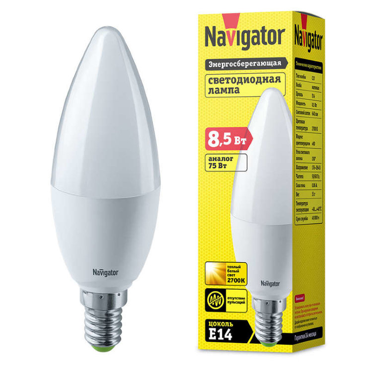 Лампа светодиодная 61 324 NLL-C37-8.5-230-2.7K-E14-FR 8.5Вт свеча матовая 2700К тепл. бел. E14 640лм 176-264В Navigator 61324