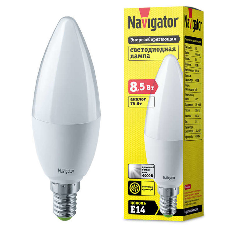 Лампа светодиодная 61 325 NLL-C37-8.5-230-4K-E14-FR 8.5Вт свеча матовая 4000К нейтр. бел. E14 680лм 176-264В Navigator 61325