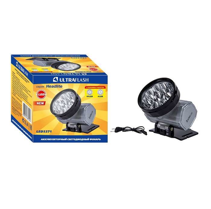 Фонарь налобный аккумуляторный LED 5371 (220В LED10 2 режима; серебр.) Ultraflash 12350