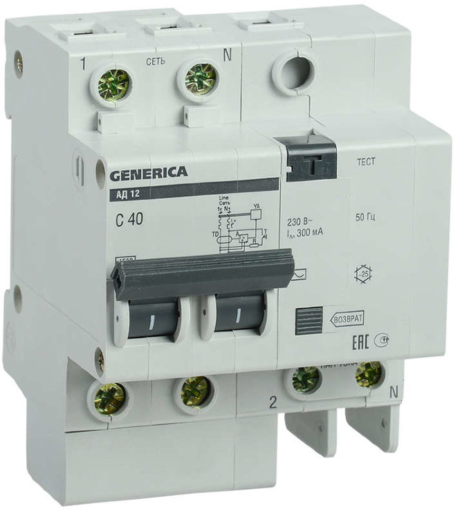 Выключатель автоматический дифференциального тока 2п 40А 300мА АД12 GENERICA ИЭК MAD15-2-040-C-300