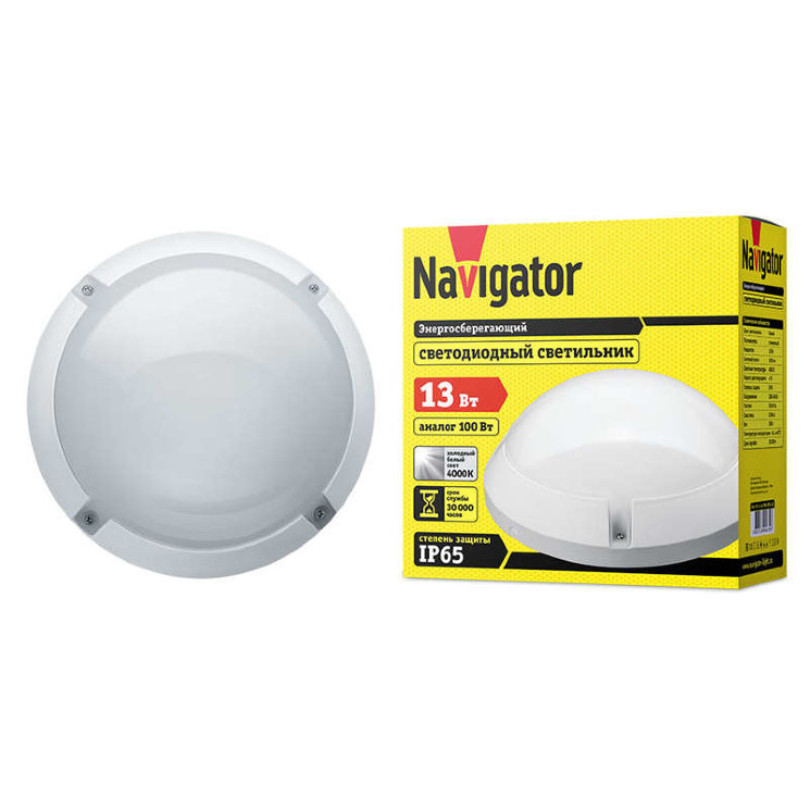 Светильник светодиодный 94 839 NBL-PR1-13-4K-WH-IP65-LED 13Вт 4000К IP65 1150лм ЖКХ поликарбонат круг бел. (аналог НПП) Navigator 94839