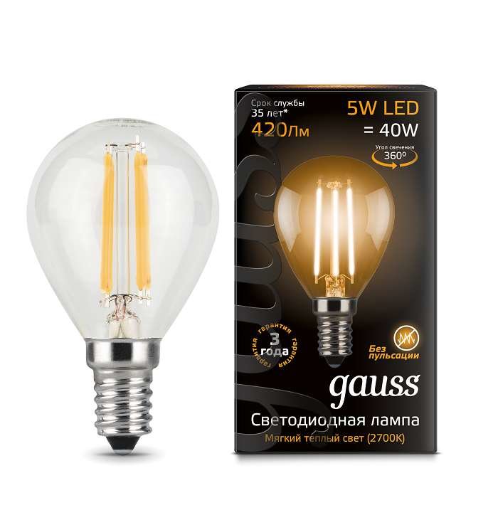 Лампа светодиодная филаментная Black Filament 5Вт P45 шар 2700К тепл. бел. E14 420лм GAUSS 105801105
